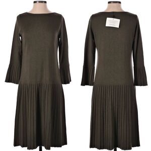 Vintage 90s Worth New York Midi Dress Green Knit Wool Sweater Drop Waist Pleated